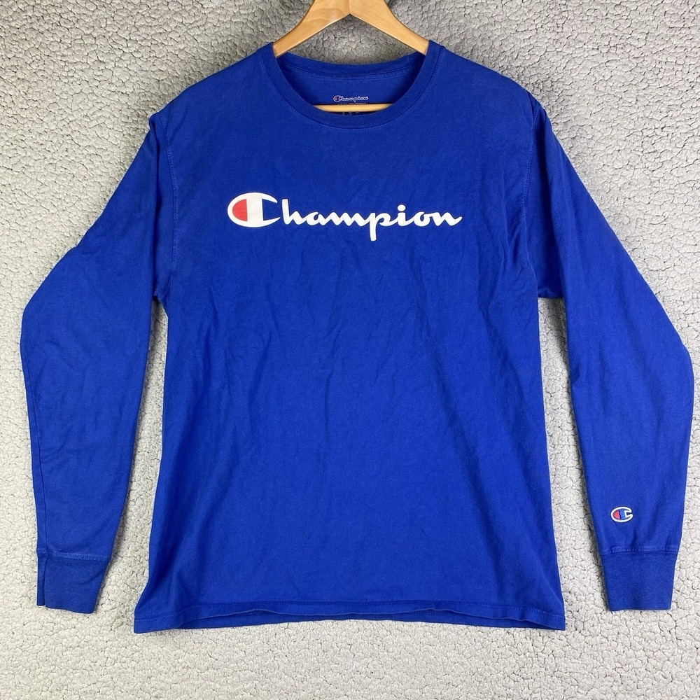 Champion Shirt Size M Blue Pullover Long Sleeve Adult Casual Mens‎ Spot  ON BACK